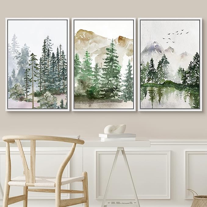 SIGNWIN Framed Canvas Print Wall Art Set Pastel Mountain Range Forest Mist Nature Wilderness Illustrations Modern Art Decorative Rustic Calm/Zen for Living Room, Bedroom, Office - 24"x36"x3 White
