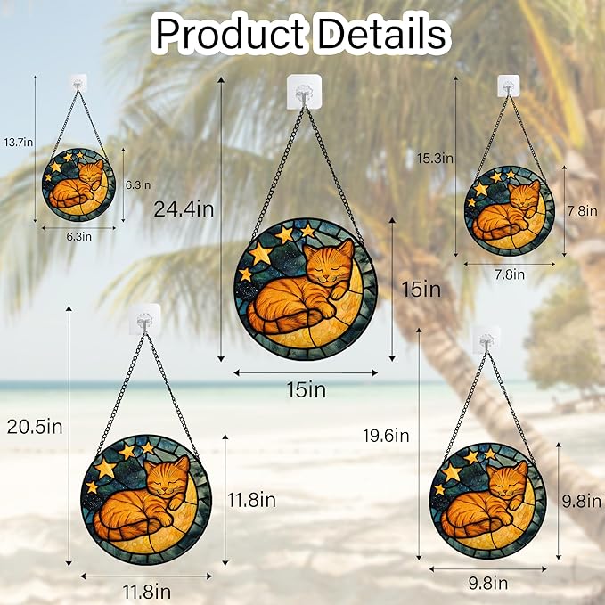Stained Glass Window Hanging - Orange Cat Sun Catcher for Door Home Decor Stars and Moon Suncatcher Christmas Mother's Day Birthday Loss of a Pet Gifts for Women Men Mom Nana 9.8 in