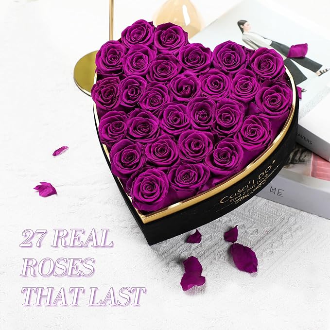Preserved Roses Flowers for Delivery 27 Pcs, Forever Flores in Heart Box with Necklace, Eternal Rose Anniversary Birthday Gift for Women Wife Girlfriend, Rosas for Valentines Christmas, Purple