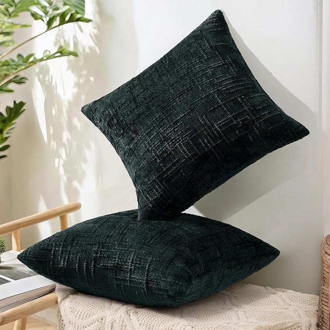 decorUhome Black Chenille Throw Pillow Covers 20x20 Set of 2 Thick Textured Slubby Couch Pillow Covers Farmhouse Accent Modern Neutral Decorative Pillow Cases for Bed Sofa Living Room
