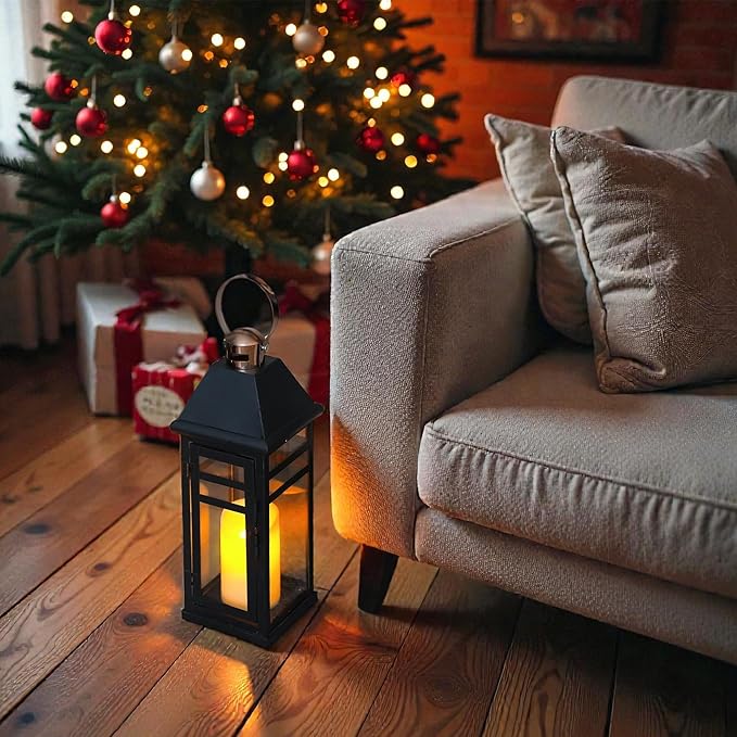 TRIROCKS Decorative Vintage Candle Lanterns 15.5" H Farmhouse Outdoor Hanging Lanterns with Tempered Glass for Porch, Balcony, Patio, Home, Centerpieces, Indoor, Outdoor(Black with Gold top)