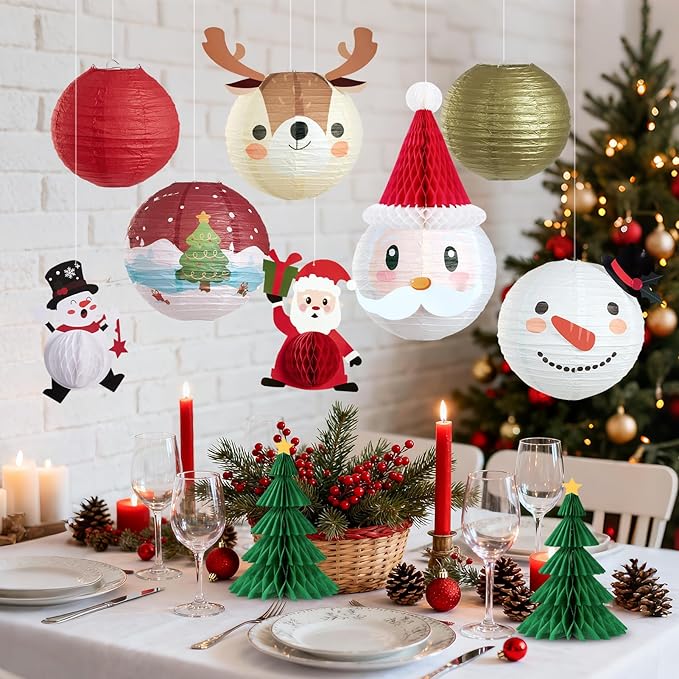 Christmas Hanging Paper Lanterns and Honeycomb Set, 11 PCS Santa Snowman Reindeer Theme Lanterns and Paper Christmas Tree Honeycombs, Holiday Ceiling Party Decorations for Home, Classroom