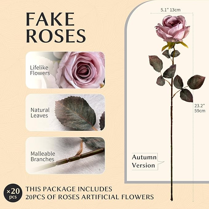 Artificial Flowers Artificial Roses Fake Roses 23.2In Long Stem Artificial Flowers for Tall Vase Silk Rose Suitable for Indoor Decor Wedding Party Decoration DIY Bouquet Autumn 20PCS (Pink)