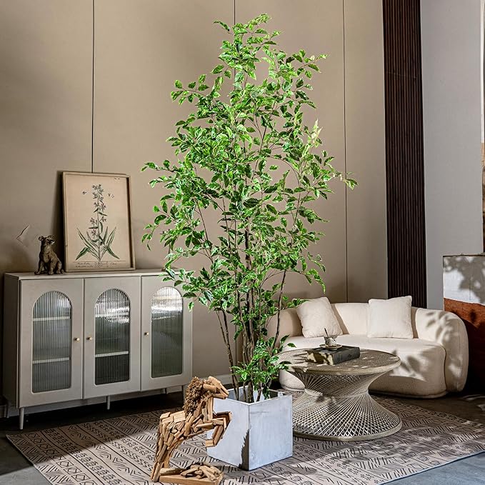 Artificial Ficus Tree Indoor 7ft, Large Potted Faux Tree with Realistic Silk Leaves & Trunk for Home Office, Living Room Corner Decor