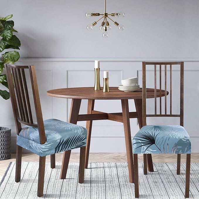 SearchI Stretch Dining Chair Seat Covers Set of 4, Soft Removable Washable Seat Covers for Dining Chairs, Dining Room Seat Cover Slipcover Protector (Rear-Covered, Blue Foliage)