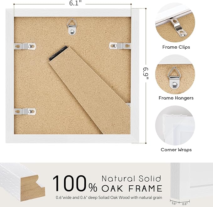 6x6 Oak Wood Picture Frame - Minimalist 6x6 Picture Frame, 6"x6" Frame Wood, Natural Solid Wooden Picture Frames for Wall Art Photo and Prints(1 Pack, White)