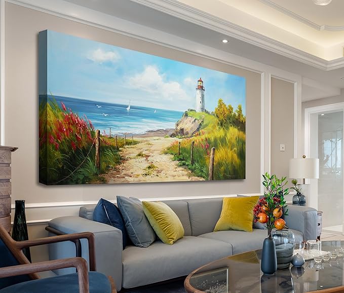 Acocifi Blue Coastal Wall Art Lighthouse Picture Nature Fall Landscape Ocean Beach Seascape Canvas Painting, Textured Artwork Large Framed for Living Room Bedroom Bathroom Office Home Decor 58"x29"