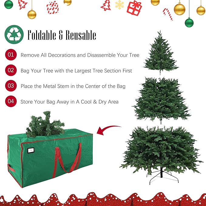 Cosy Family 7.5 ft Christmas Tree Storage Bag - Durable Heavy Duty Extra Large Artificial Xmas Holiday Tree Bag with Reinforced Handles and Dual Zippers Wide Opening - Green