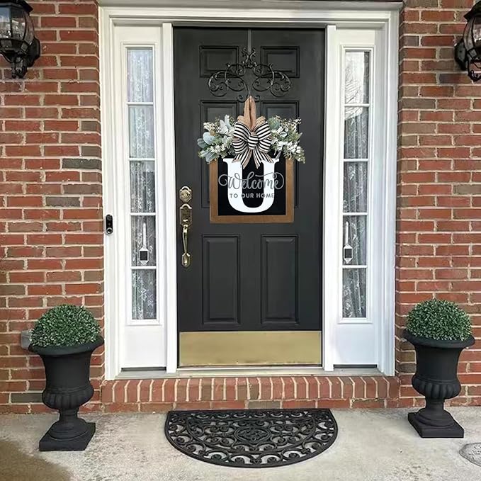 Last Name Year Round Front Door Wreath Front Porch Decoration 26 Letter Welcome Sign with Eucalyptus Garland and Bow Spring Wreaths for Front Door Outside Hanger Garland（U）