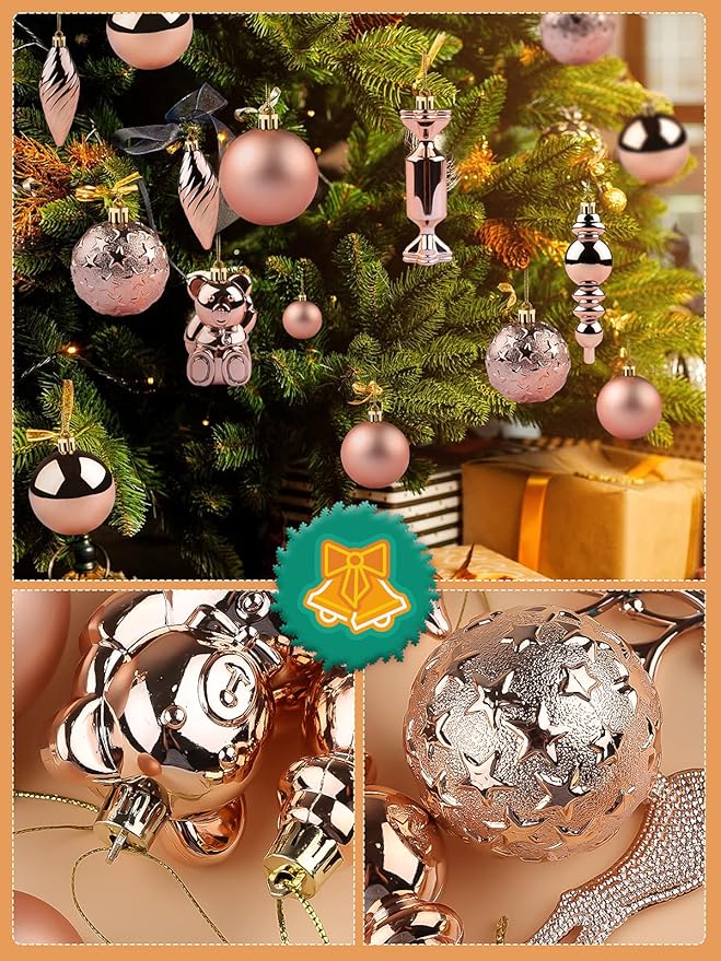 Kalolary Christmas Ball Ornaments 30PCS Xmas Hanging Balls Shatterproof Christmas Decorations Matte Shiny Christmas Tree Balls Assorted Christmas Decor for Wedding Party Festival Supplies (Rose Gold)
