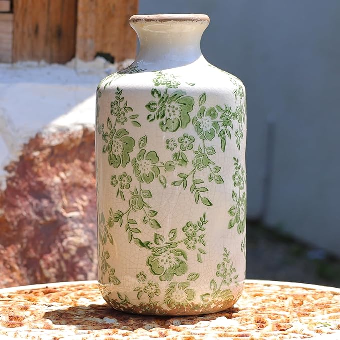 8" Retro Crackle Glaze Ceramic Vase Rustic Green Vases Decorative Vases Farmhouse Home Decor Vase Chinoiserie Vintage Flower Vases