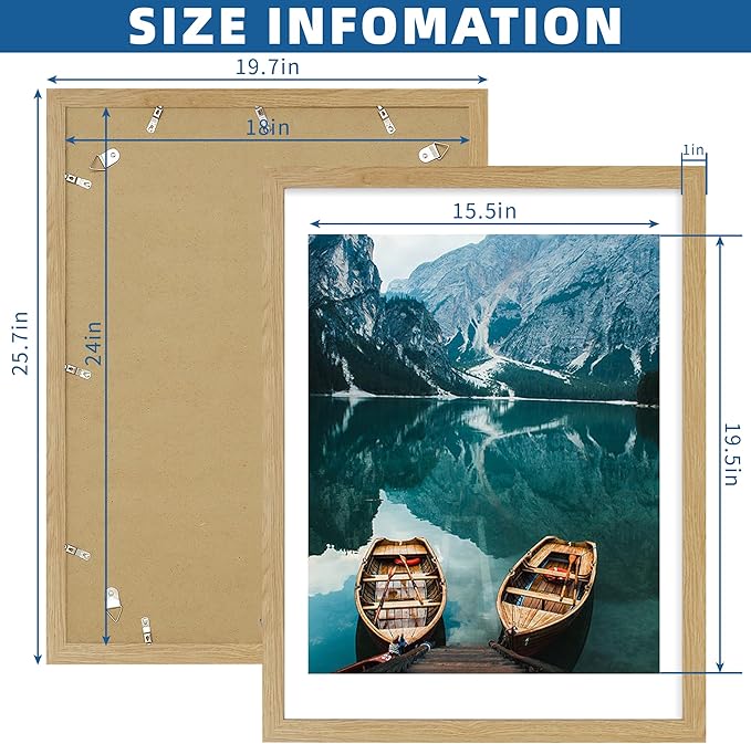 18x24 Frame Set of 2, Natural Oak Wood Style - Display 18 x 24 Poster without Mat or 16x20 Picture with Mat, Wall Mounting Horizontal and Vertical