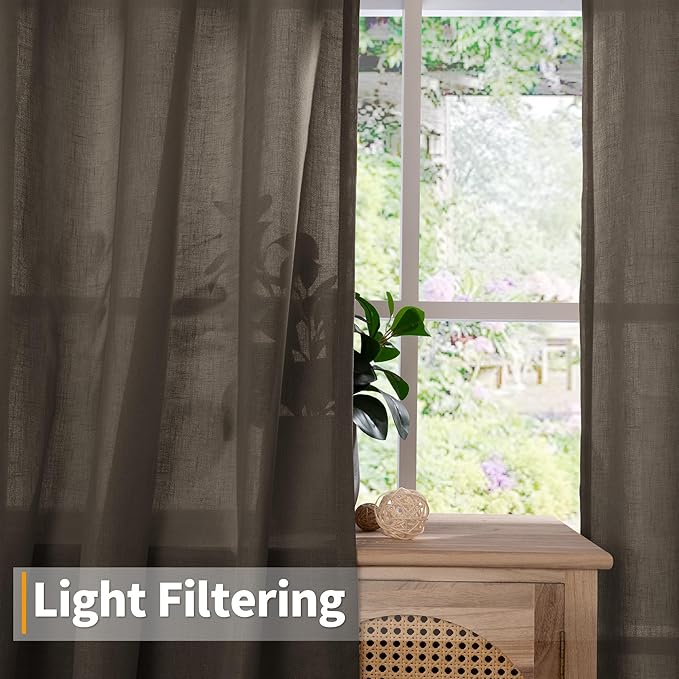 YoungsTex Short Brown Linen Curtains 40 Inch Length for Kitchen Cafe Window, Light Filtering Drapes Semi Sheer with Grommet for Cafe Bathroom Window, 2 Panels, 42 X 40 Inch