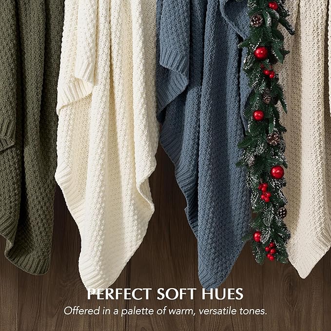 EVERGRACEHOME Chunky Chenille Knit Throw Blanket for Couch, Soft Luxurious Moss Stitch Blankets for Bed, Cozy Decorative Farmhouse Knitted Throws for Sofa, Beige, 50" x 60"