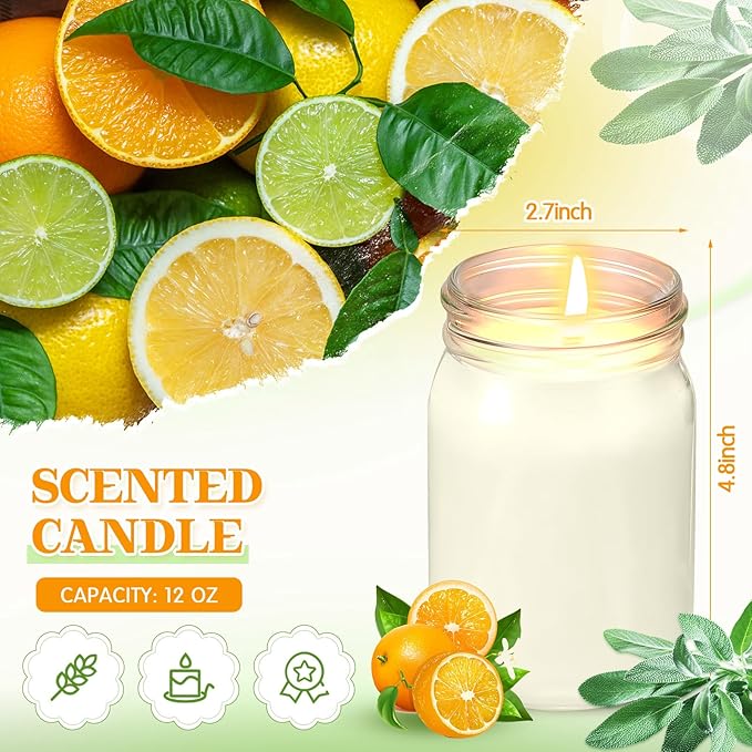 MTLEE 4 Pack 12 oz Mason Jar Soy Candle with Essential Oils Scented Soy Wax Candles for Home Valentine Christmas Wedding Birthday Gift Farmhouse Collection Baby Shower Party(Sage Mixed with Citrus)