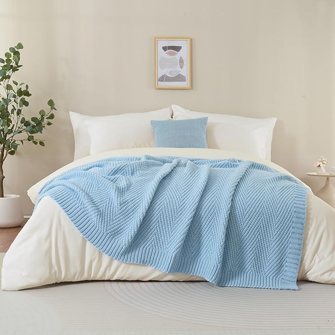 Knitted Throw Blanket 60"X80", Light Blue Knit Throws for Bed, Super Soft Boho Chevron Blankets for Couch Sofa Chair Room Decor, Textured Decorative Farmhouse Cozy Lightweight