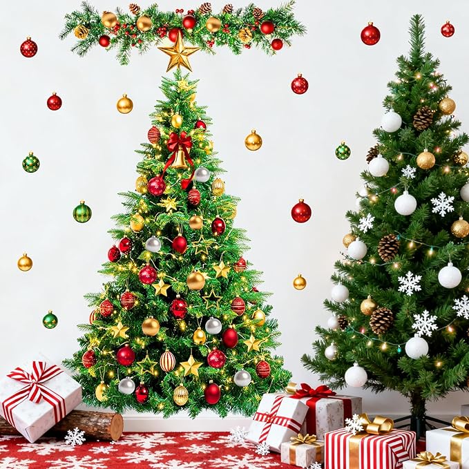 Large Christmas Tree Wall Decals Peel and Stick Merry Christmas Ornament Wall Stickers Removable Winter Tree Decals Xmas Trees Stickers Xmas Holiday Window Sticker for Party Decoration