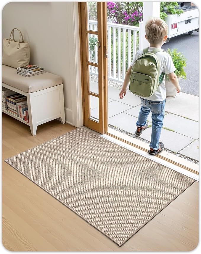 Color&Geometry Ultra-Thin Indoor Door Mat, 24"x36" Low-Profile Non-Slip Entryway Rug with Modern Geometric Texture, Washable Doormat for Indoor Entrance, Front Door, Khaki (Rolled-up NO Creases)