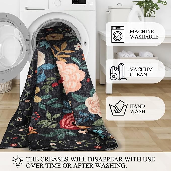 DUKINO 9x12 Area Rug, Floral Rugs for Living Room, Lightweight Non Slip Washable Rug, Indoor Low Pile & Non-Shedding Boho Design Rugs for Bedroom, Living Room, Dining Room, Black
