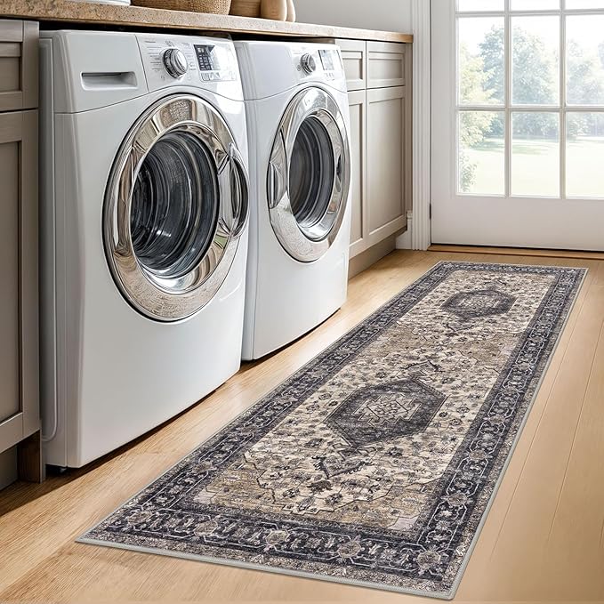 KUTA Runners for Hallways 2x6 Ivory Grey-Black, Vintage Floral Kitchen Rugs Non-Slip Washable Runner Ultra Soft Printed Retro Flower Carpet Entryway Rug for Bedroom Laundry Nursery
