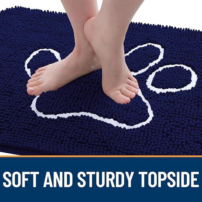 OLANLY Dog Door Mat for Muddy Paws 47x24, Paw Print Design, Absorbs Moisture and Dirt, Absorbent Non-Slip Washable Doormat, Quick Dry Chenille Mud Mat for Dogs, Entry Indoor Entryway Carpet, Navy Blue