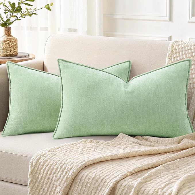 decorUhome Christmas Couch Throw Pillow Covers 12x20 Set of 2, Decorative Soft Euro Velvet Neutral Chenille Lumbar Pillow Covers with Elegant Design for Sofa Bed Living Room Home Decor, Sage Green