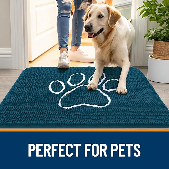 OLANLY Dog Door Mat for Muddy Paws 47x32, Paw Print Design, Absorbs Moisture and Dirt, Absorbent Non-Slip Washable Doormat, Quick Dry Chenille Mud Mat, Entry Indoor Entryway Carpet, Atlantic Blue