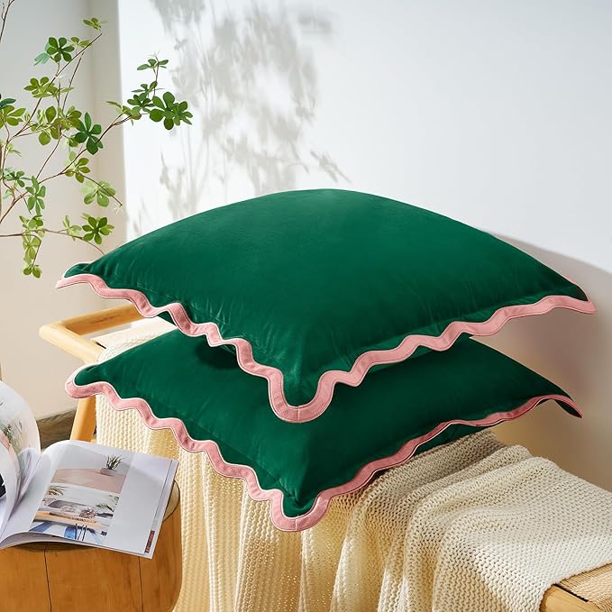 MONDAY MOOSE Decorative Throw Pillow Covers Cushion Cases, Set of 2 Soft Velvet Scalloped Wavy Edge Designs, Mix and Match for Home Decor, Pillow Inserts Not Included (22x22 inch, Pink/Green)