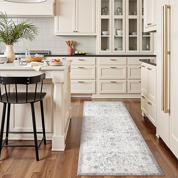 jinchan Kalen Runner Rug 2x6 Washable Hallway Rug Vintage Indoor Thin Retro Floor Cover Distressed Gray Floral Country Lightweight Non Slip Carpet for Entryway Bathroom Bedroom Living Room Grey