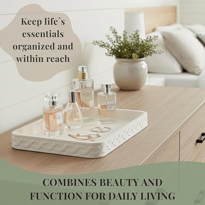 Decorative Tray for Coffee Table - 14” Cream White Concrete with Infinity Twist Design, Coffee Table Tray, Waterproof, Stain-Resistant, Durable, Tray Decor with Anti-Slip Pad, Multi-Use & Eco-Friendly