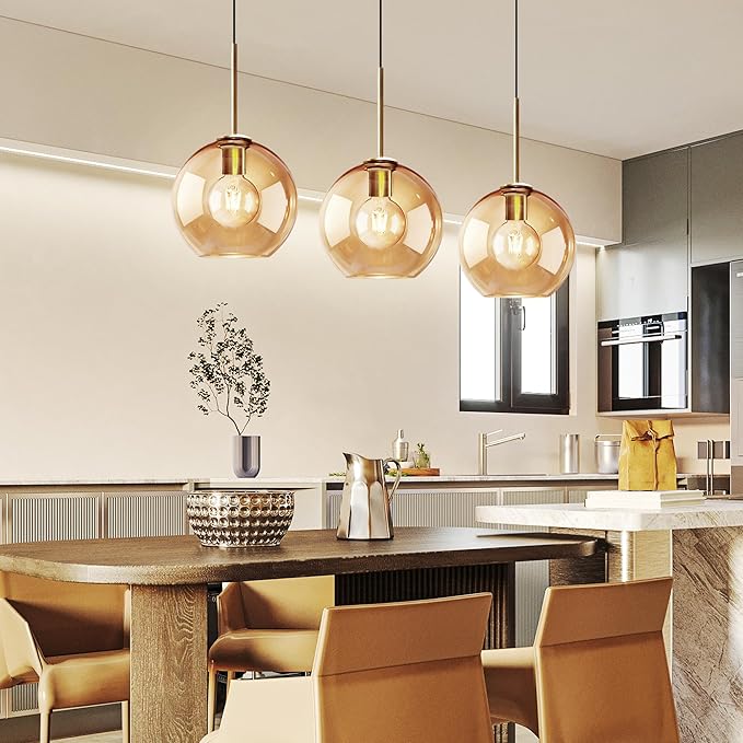 Amber Glass Pendant Lights Kitchen Island Lighting Globe Pendant Light Fixtures Modern Pendant Lighting for Kitchen Island Bedroom Living Dining Room Light Fixture(7.9in, 3-Pack)