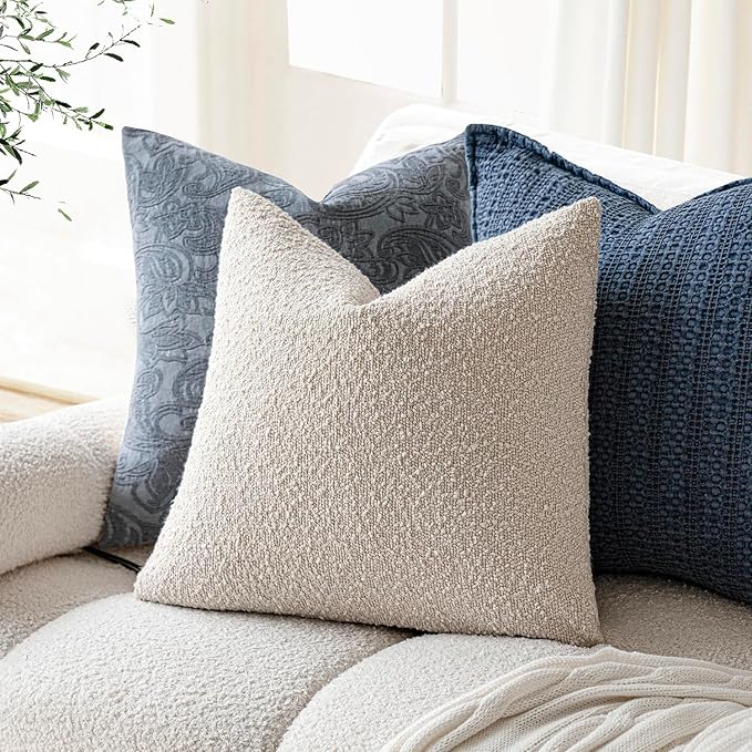 Foindtower Set of 2, Decorative Textured Boucle Throw Pillow Covers Accent Solid Pillow Cases Neutral Cozy Couch Cushion Case for Chair Sofa Bedroom Living Room Home Decor 24 x 24 Inch Ivory Beige