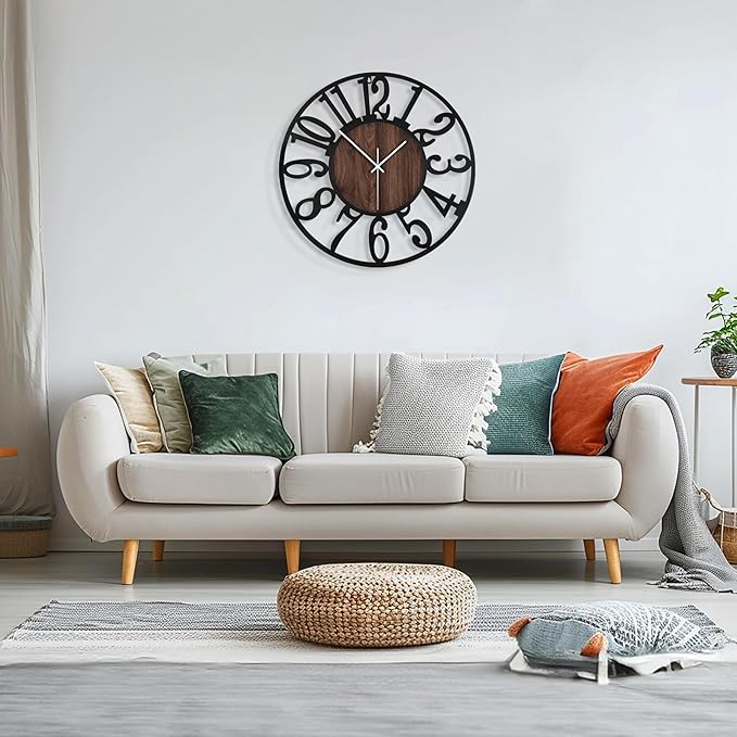 Maxstar Round Wall Clock for Living Room Decor Battery Operated Non Ticking Silent Vintage Black Metal Wood Clocks for Home Living Room Garden Farmhouse Office Kitchen Decoration -20 inch