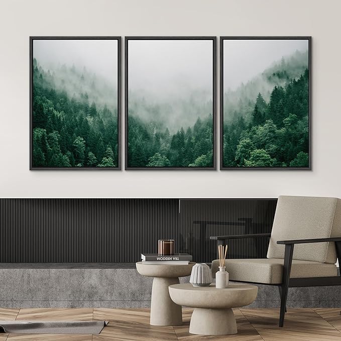 SIGNWIN Framed Canvas Print Wall Art Set Fog & Mist Mountain Forest Valley Nature Wilderness Photography Modern Art Rustic Landscape Relax/Calm for Living Room, Bedroom, Office - 16"x24"x3 Black