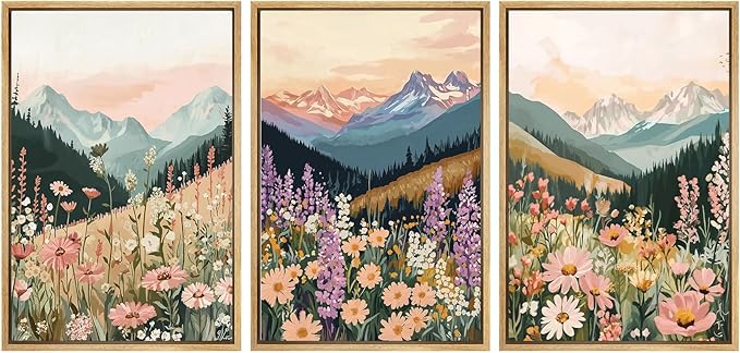 SIGNWIN Framed Canvas Print Wall Art Set Wildflower Meadow with Mountain Sunset Colorful Nature Landscape Illustrations Modern Art Decorative Zen for Living Room, Bedroom, Office - 24"x36"x3 Natural