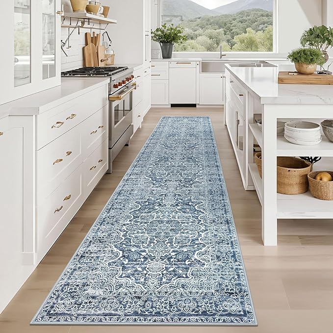KUTA Vintage Floral Washable Runner Rug 2.6x12, Non-Slip Hallway Kitchen Rugs Blue White with Rubber Backing,Ultra Soft Printed Distressed Modern Extra Long 12ft Carpet Runners Indoor for Bedroom
