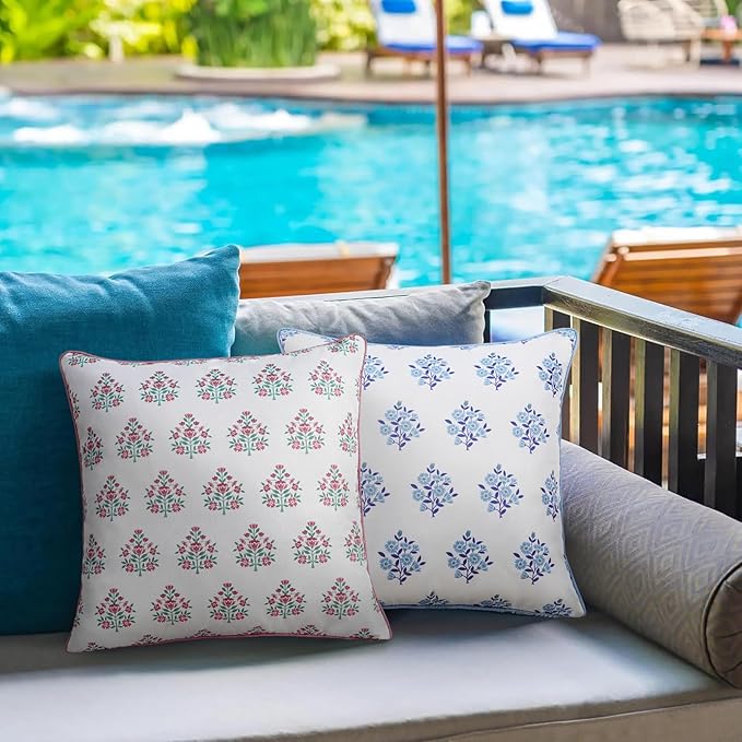 Adabana Outdoor Waterproof Floral Pillow Covers Set of 2 Blue and White Throw Pillow Covers 18x18 Inch Square Decorative Cushion Case for Farmhouse Sofa Patio Couch Living Room