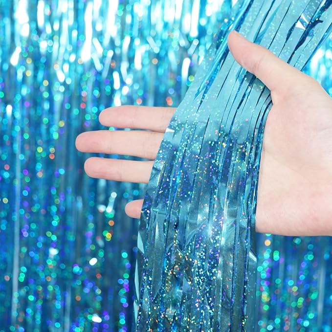 3.3 x 6.6 ft Foil Fringe Backdrop Curtains, Tinsel Streamers Party Decorations, Fringe Backdrop for Birthday, Baby Shower, Gender Reveal, Graduation (3, Light Blue)