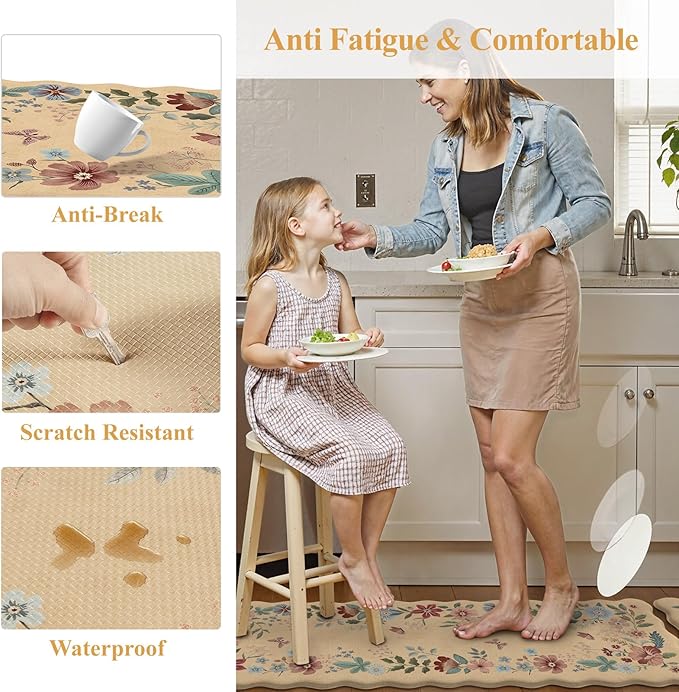 Collive Kitchen Floor Mat Cushioned Anti Fatigue, Scalloped Waterproof Kitchen Sink Rugs Non Skid Sets of 2, Memory Foam Comfort Standing Mats Boho Floral Desk Carpet for Laundry, Office, Home Decor