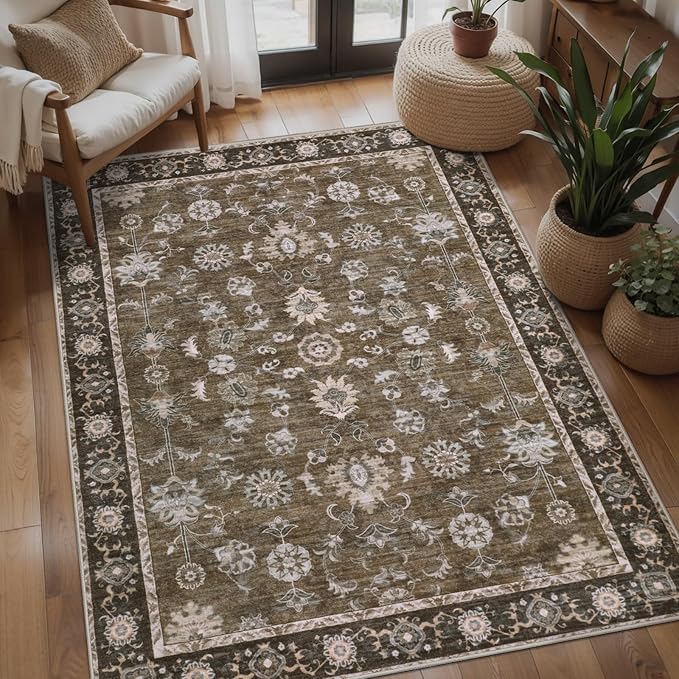 Tangsoo 3x5 Brown Washable Rug, Vintage Throw Entryway Rugs Non Slip, Soft Low Pile Floor Rug Floral Indoor Area Rugs Carpet for Living Room Bedroom Office Laundry Bedside Entry Entryway Farmhouse