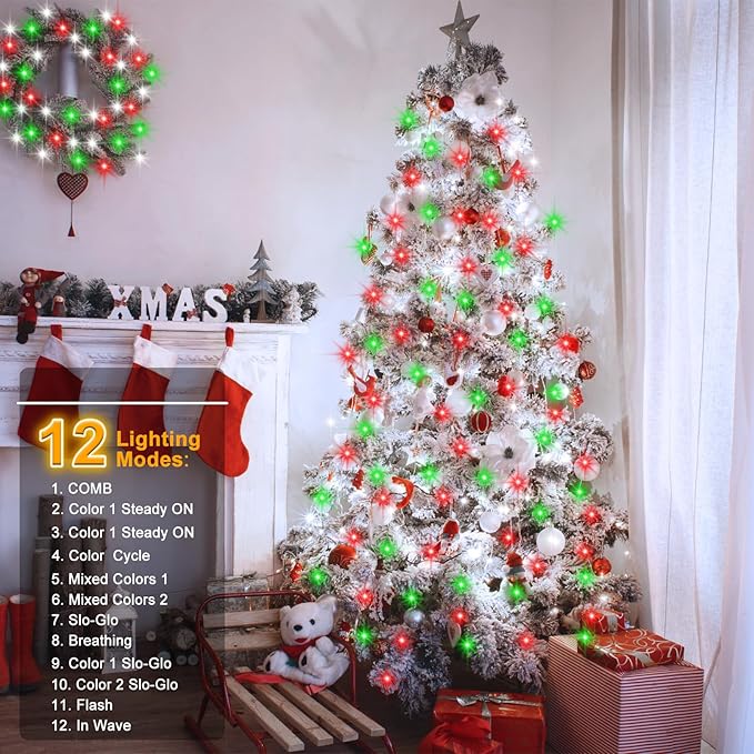 echosari Christmas String Lights, 33Ft 100 LED Fairy Lights Battery Operated Dual Color Changing with Remote Timer for Xmas Tree Festive Decor (Red White Green & Warm White)