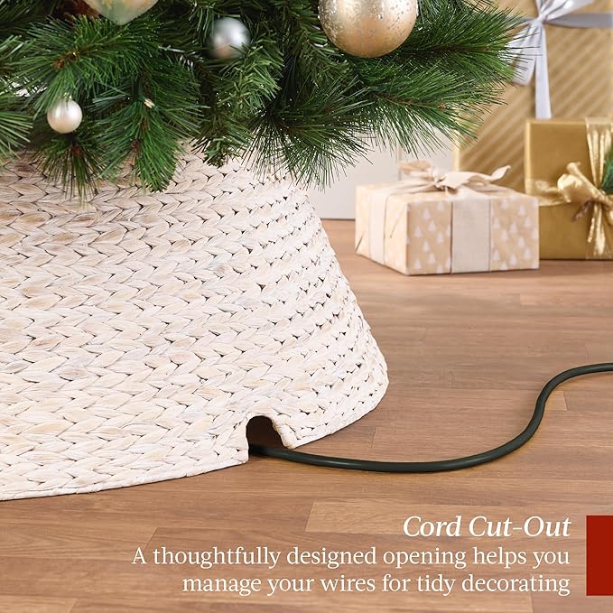 Best Choice Products 24in Christmas Tree Collar, Woven Hyacinth 3-Piece Holiday Rattan Tree Skirt Accessory for Home w/Cord Cut-Out - Transparent White