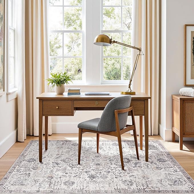 jinchan Kalen Area Rug 4x6 Washable Bedroom Rug Vintage Indoor Thin Floor Cover Retro Accent Mat Distressed Gray Floral Country Boho Non Slip Carpet for Living Room Kitchen Dining Room Office Grey
