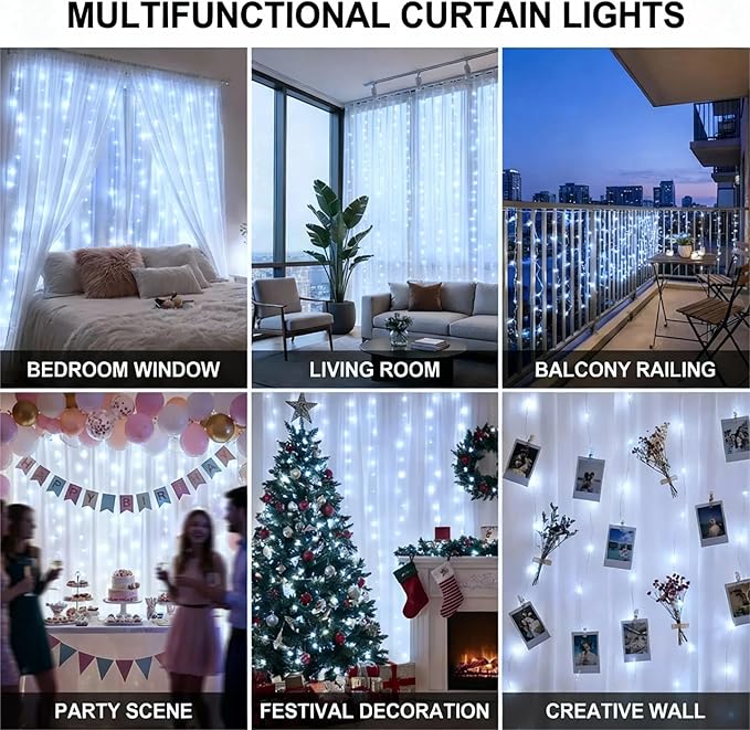 Cool White LED Curtain Lights, 300 LEDs 10 Strands with Remote Control, 8 Modes Timer USB Powered, Hanging String Lights for Bedroom Wedding Christmas Party Window Decor