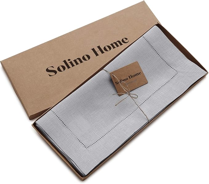 Solino Home Linen Soft Grey Table Runner 90 Inches Long - 100% Pure Linen Hemstitch 14 x 90 Inch Table Runner for Dining, Spring, Easter - Classic Hemstitch