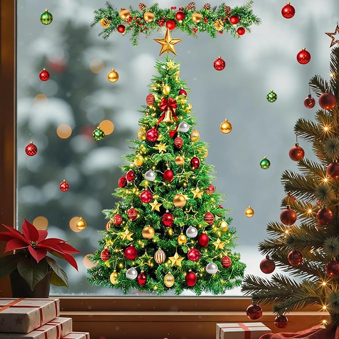 Large Christmas Tree Wall Decals Peel and Stick Merry Christmas Ornament Wall Stickers Removable Winter Tree Decals Xmas Trees Stickers Xmas Holiday Window Sticker for Party Decoration