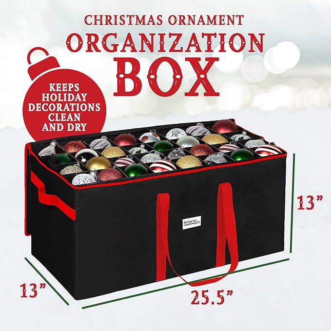 Christmas Ornament Storage Container,Box Stores Up to 128-3 inch ornaments, Adjustable Dividers, Large Organizer Bin to Protect and Store Holiday Décor - Black