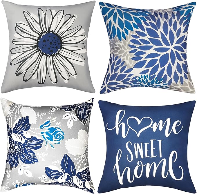 Decorative Throw Pillow Covers Set of 4 Blue Pillow Covers 22x22 inch Throw Pillow Cases Linen Square Pillow Case,Farmhouse Outdoor Modern Boho Pillow Covers for Couch Sofa Living Room