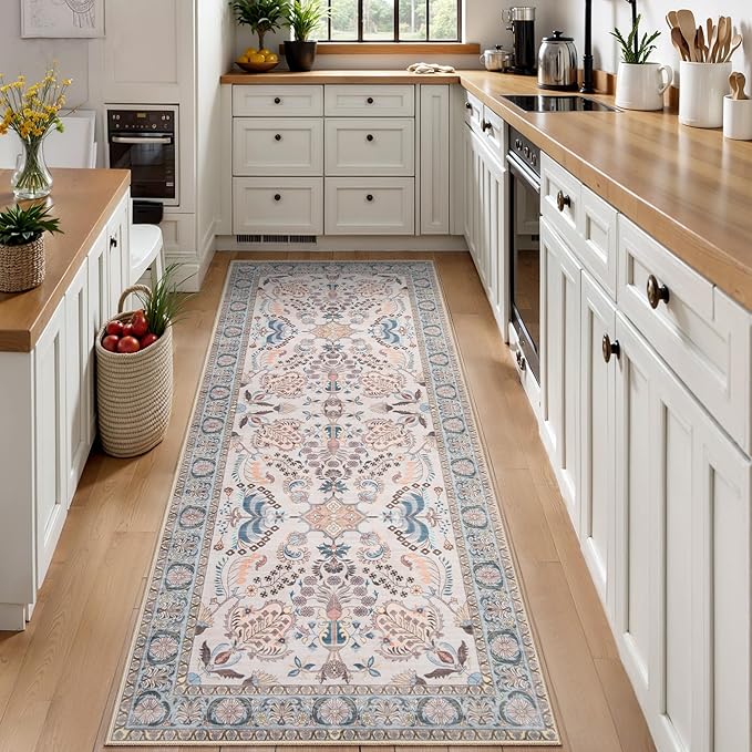 Tangsoo 2x3 Small Rug for Entryway, Washable Area Entry Rug Non Slip, Persian Neutral Low Pile Soft Area Rugs, Indoor Front Door Boho Floral Throw Rugs for Entrance Kitchen Bedroom Bathroom Home Decor