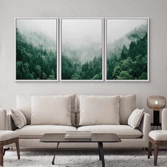 SIGNWIN Framed Canvas Print Wall Art Set Fog & Mist Mountain Forest Valley Nature Wilderness Photography Modern Art Rustic Landscape Relax/Calm for Living Room, Bedroom, Office - 24"x36"x3 White